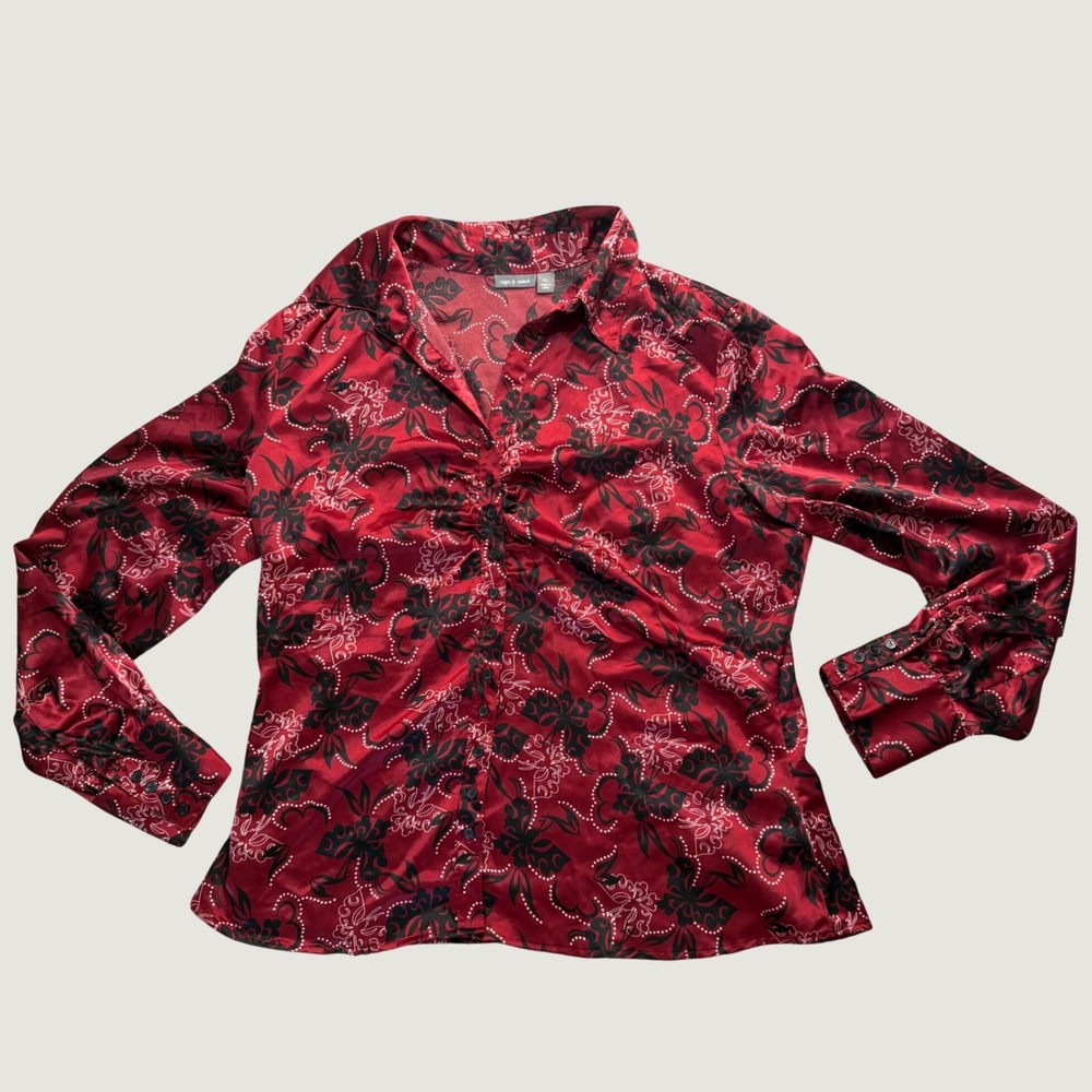XL Floral Paisley Ruched Satin Stretch Long Sleeve Red Y2K